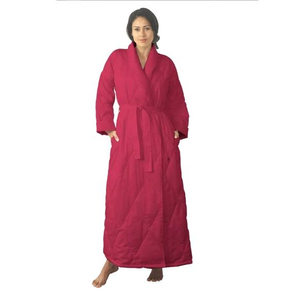 Vintage Lands' End Goose Down Quilted Thick Long Robe Red Bathrobe Full Length M - Picture 12 of 13